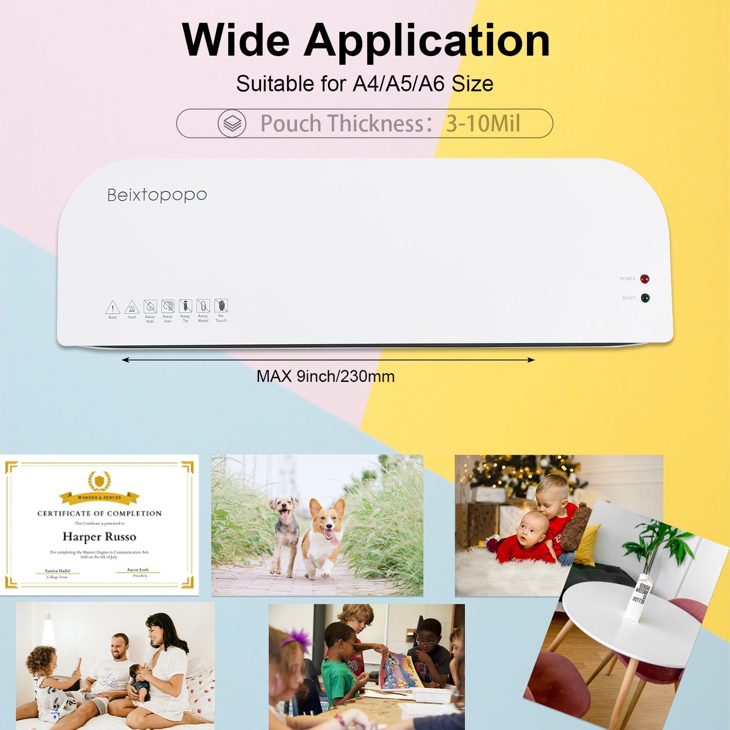 Laminator, A4 Laminator Machine, 9 Inch Thermal Laminator Machine, 4 in 1 Personal Desktop Cold Laminator with Paper Cutter and Corner Rounder 15 Laminating Pouches for Office School Business Use