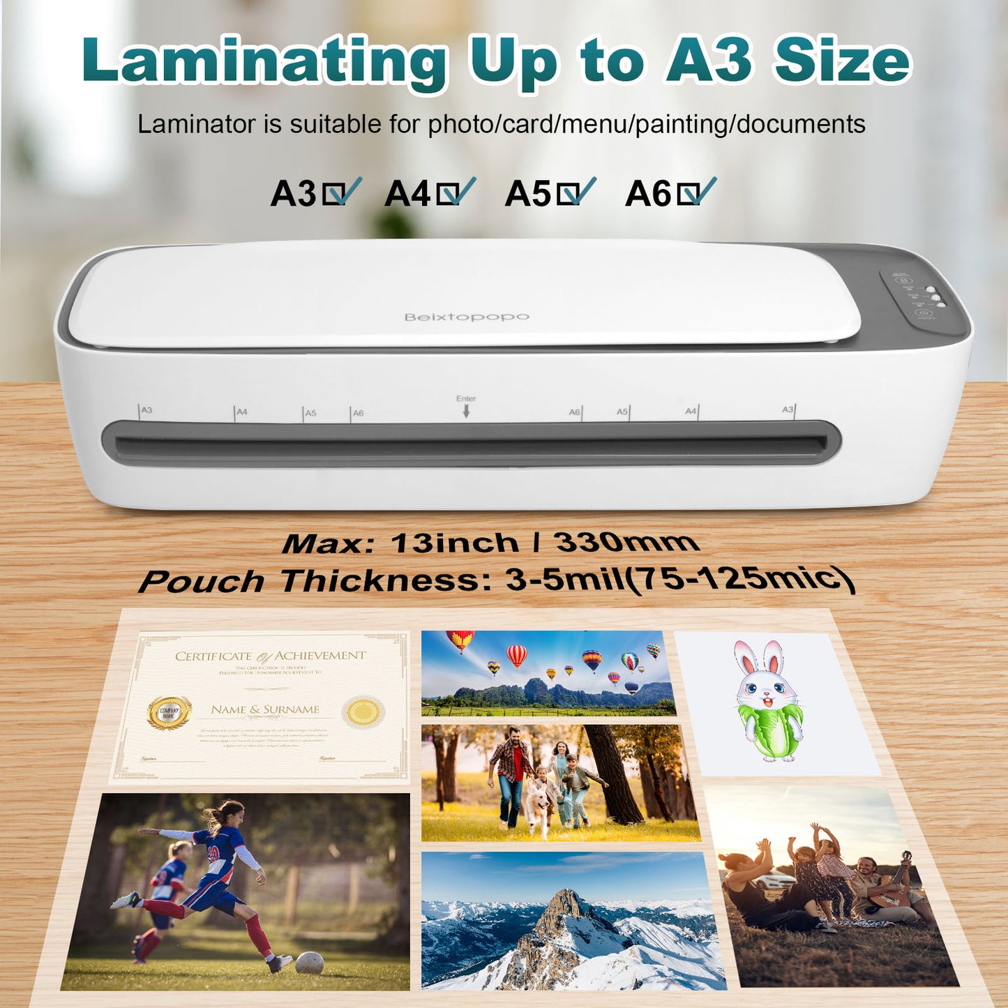 Laminator, 1Min Fast Heat-Up A3 Laminator Machine, 6 in 1 Personal Thermal Laminator with 40 Laminating Pouches A3 A4 A5 4R 3R 2R, 13Inch Laminating Machine for Office School Home Use