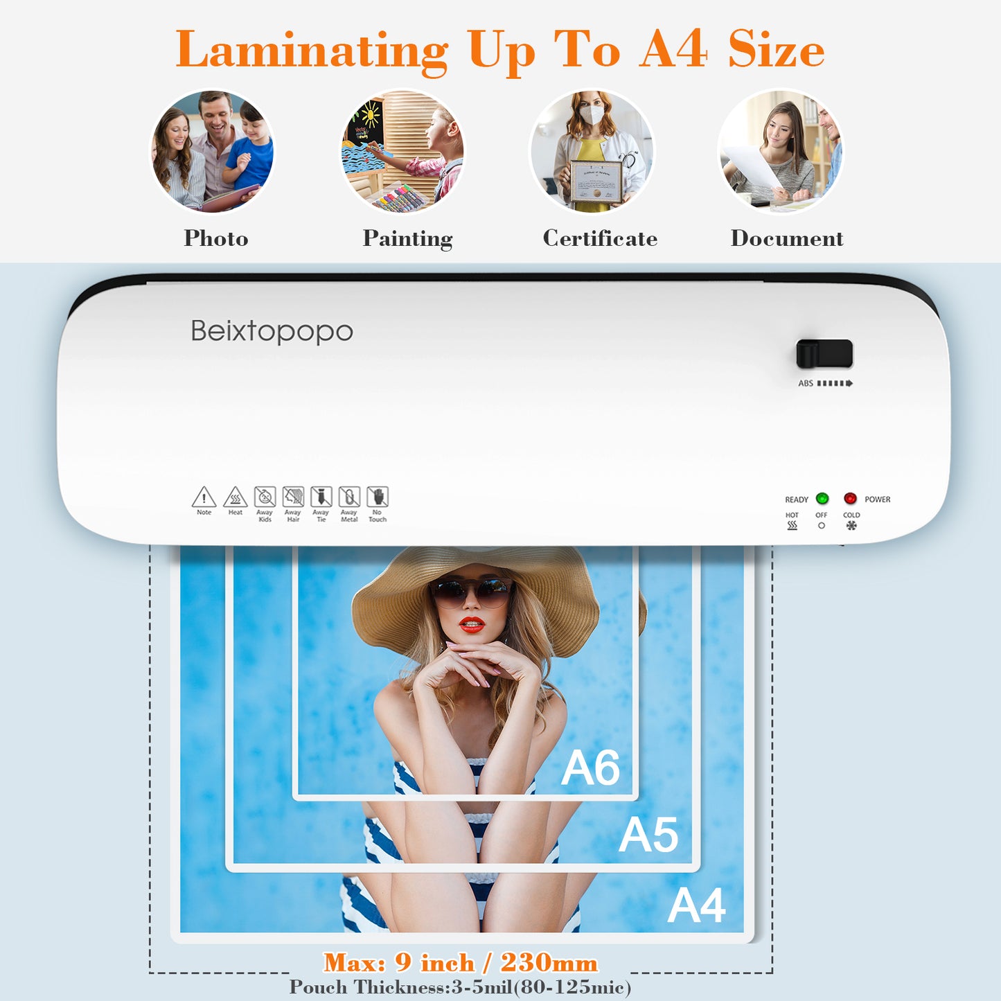 Laminator Machine, 9 Inch Thermal Laminator, Beixtopopo A4/A5/A6 Personal Laminator Machine with Laminating Sheets, 6 in 1 Heating Laminate Machine for Home School Office, Silent