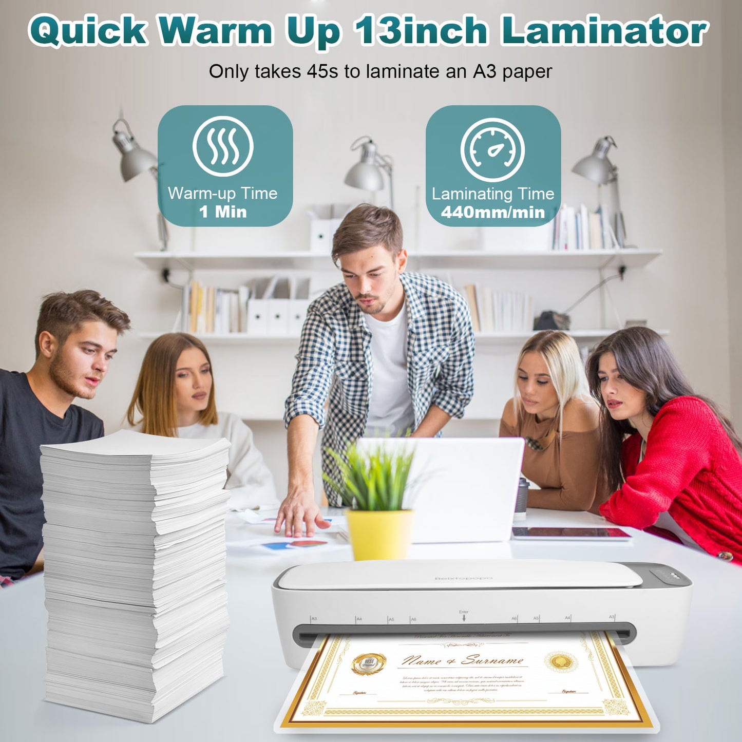 Laminator, 1Min Fast Heat-Up A3 Laminator Machine, 6 in 1 Personal Thermal Laminator with 40 Laminating Pouches A3 A4 A5 4R 3R 2R, 13Inch Laminating Machine for Office School Home Use