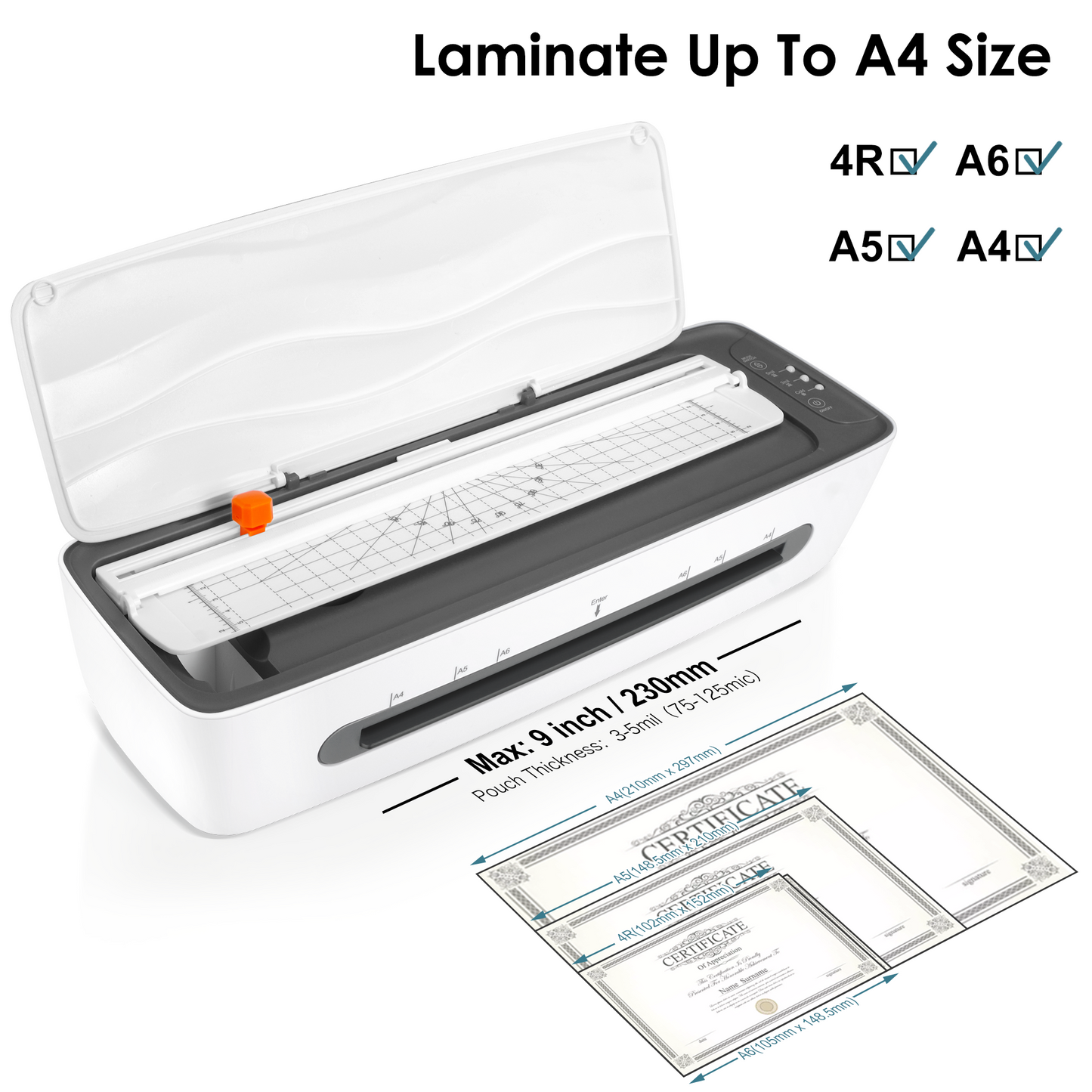 Laminator, A4 Laminator Machine, 9 Inch Cold-Thermal Laminator with 20 Pouches Sheets, 4-in-1 Personal Desktop Laminating Machine Built in Paper Cutter, Corner Rounder, Hole Puncher and Iron Ring