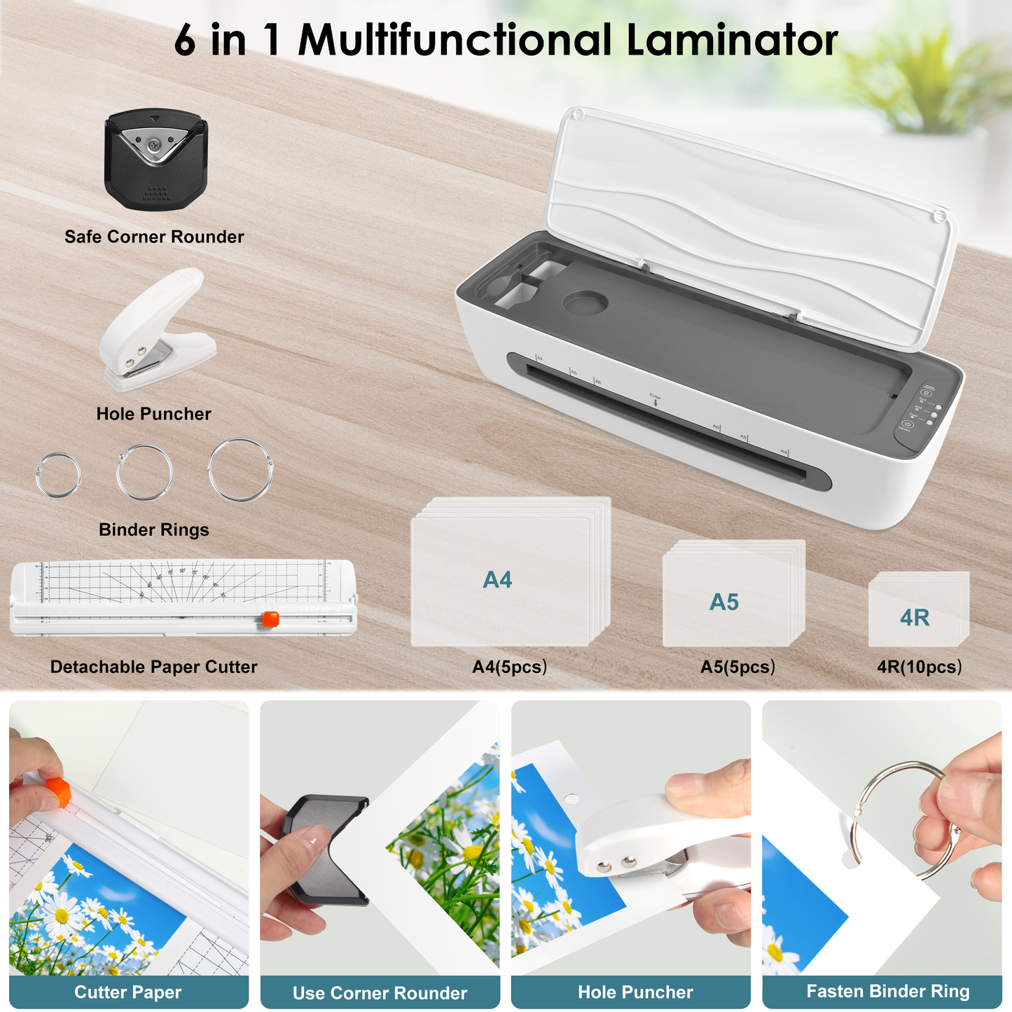 Laminator, A4 Laminator Machine, 9 Inch Cold-Thermal Laminator with 20 Pouches Sheets, 4-in-1 Personal Desktop Laminating Machine Built in Paper Cutter, Corner Rounder, Hole Puncher and Iron Ring